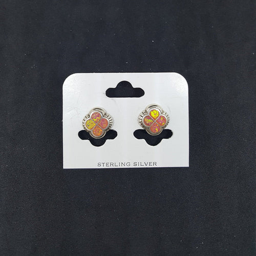 Clover Leaf Orange fire opal with design sterling silver stud earrings