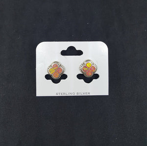 Clover Leaf Orange fire opal with design sterling silver stud earrings