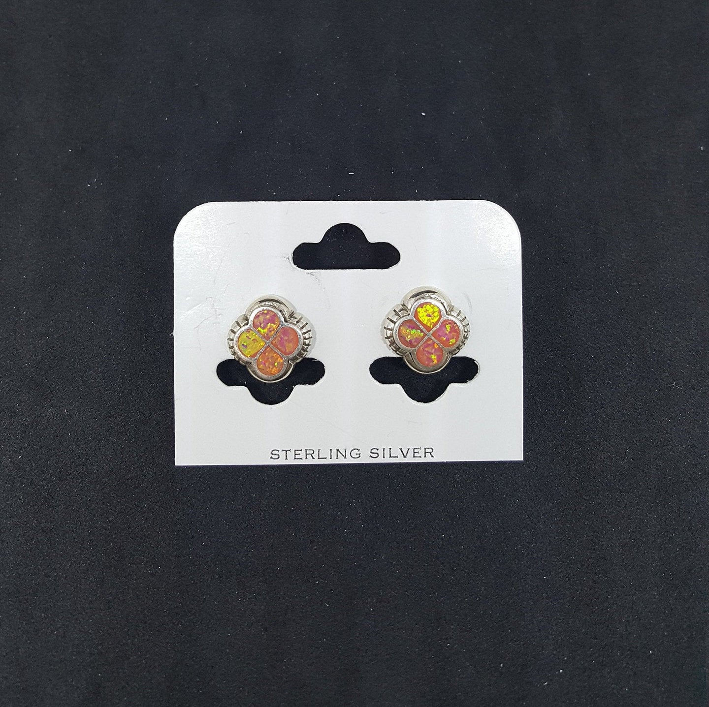 Clover Leaf Orange fire opal with design sterling silver stud earrings