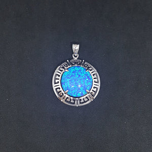 Shiny Birthstone with Zic Zac design Blue fire Opal Sterling silver round opal pendant