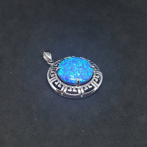 Shiny Birthstone with Zic Zac design Blue fire Opal Sterling silver round opal pendant