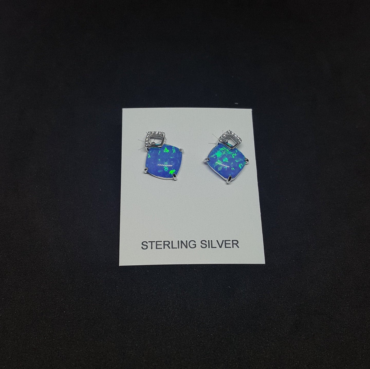 Simple Blue fire Opal square shape Sterling silver micro CZ stud/post opal earrings