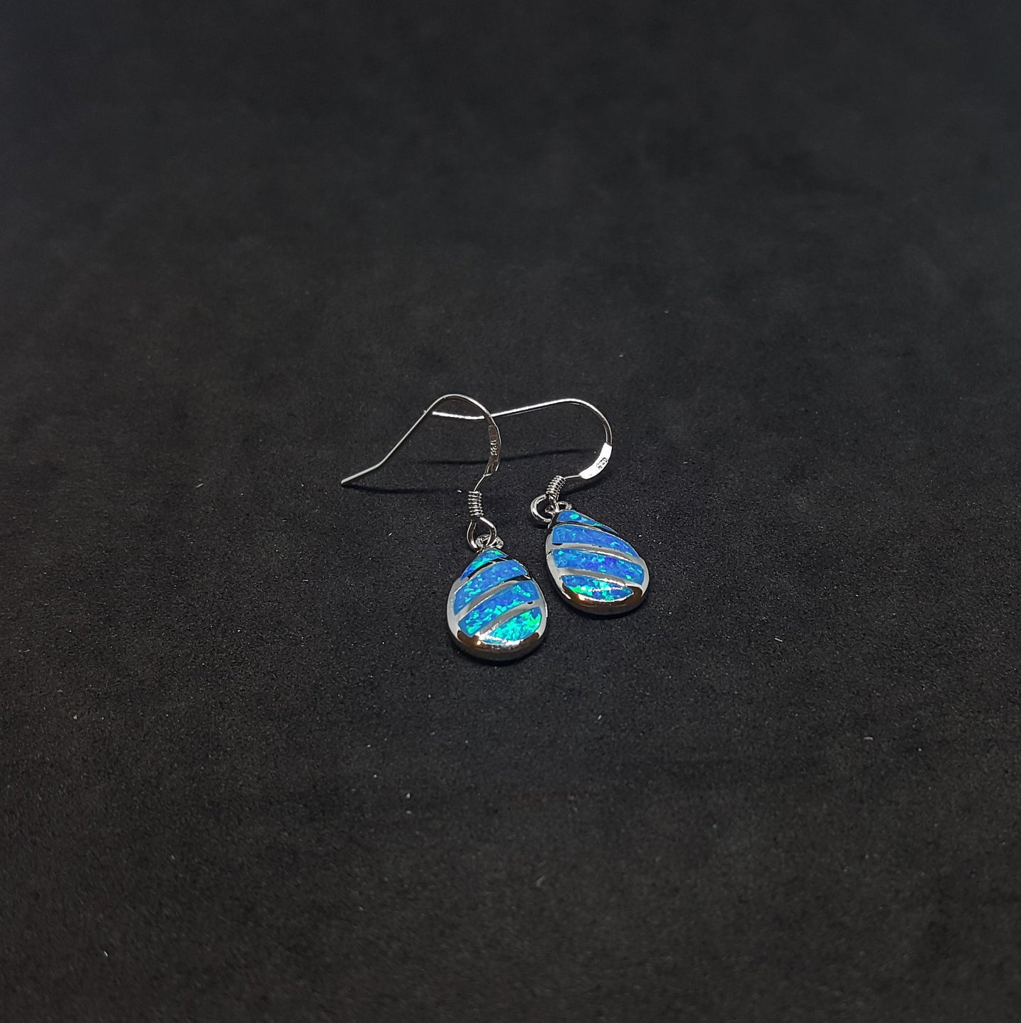 Striped Teardrop Blue fire Opal Sterling silver dangle/drop earrings