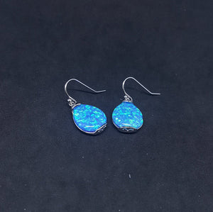 Simple Tear Blue fire Opal Sterling silver teardrop shape dangle/drop opal earrings