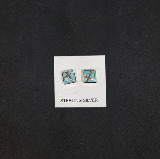 6 mm square inlay multi-stone Kingman turquoise sterling silver stud earrings