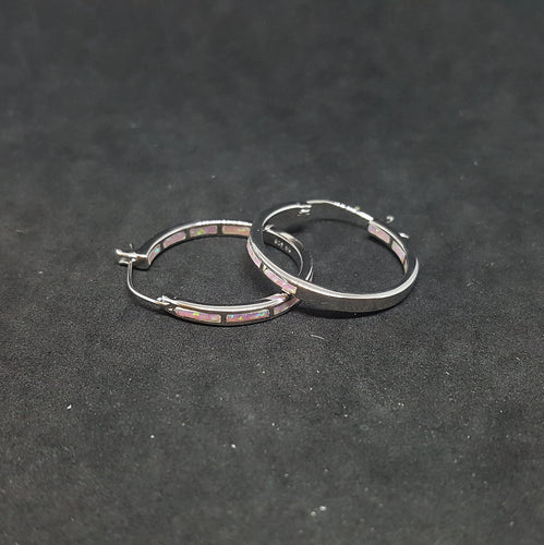 Circle Pink Opal rectangle-shaped stone Sterling silver hoop earrings