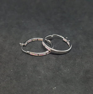 Circle Pink Opal rectangle-shaped stone Sterling silver hoop earrings