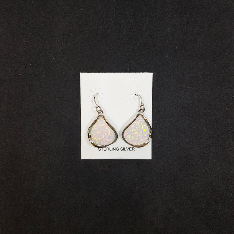 Wavy pattern teardrop White Opal Sterling silver dangle earrings
