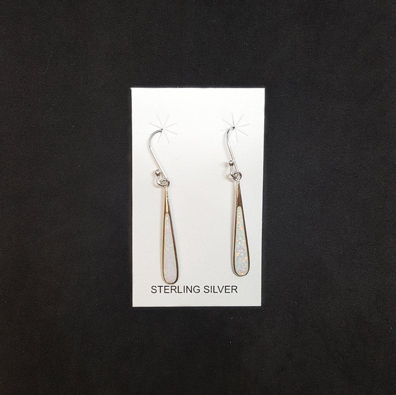 Long thin teardrop White Opal Sterling silver dangle earrings