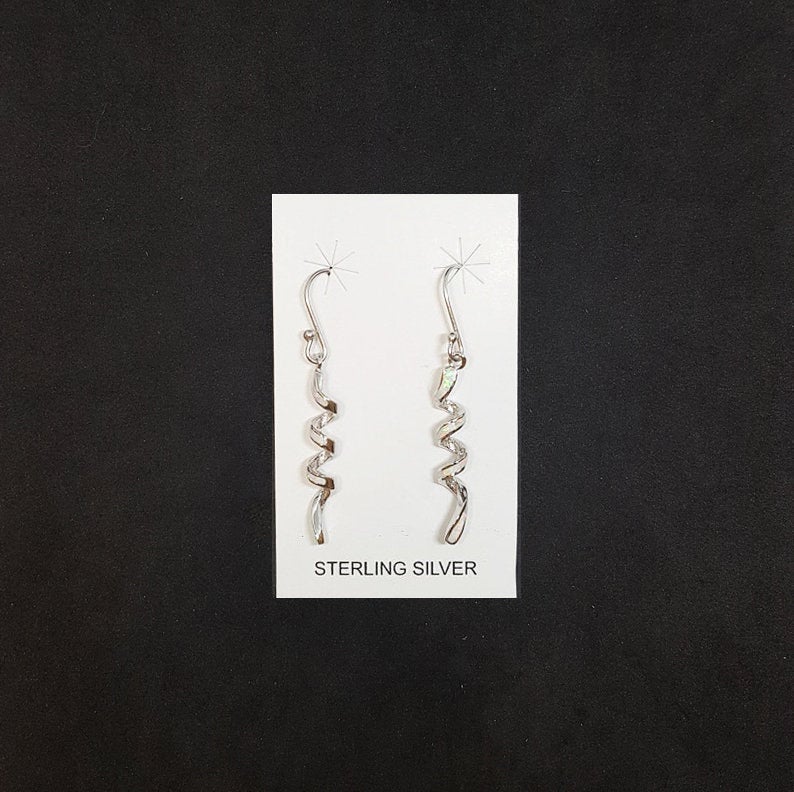 Hanging Swirl long thin White Opal Sterling silver dangle earrings