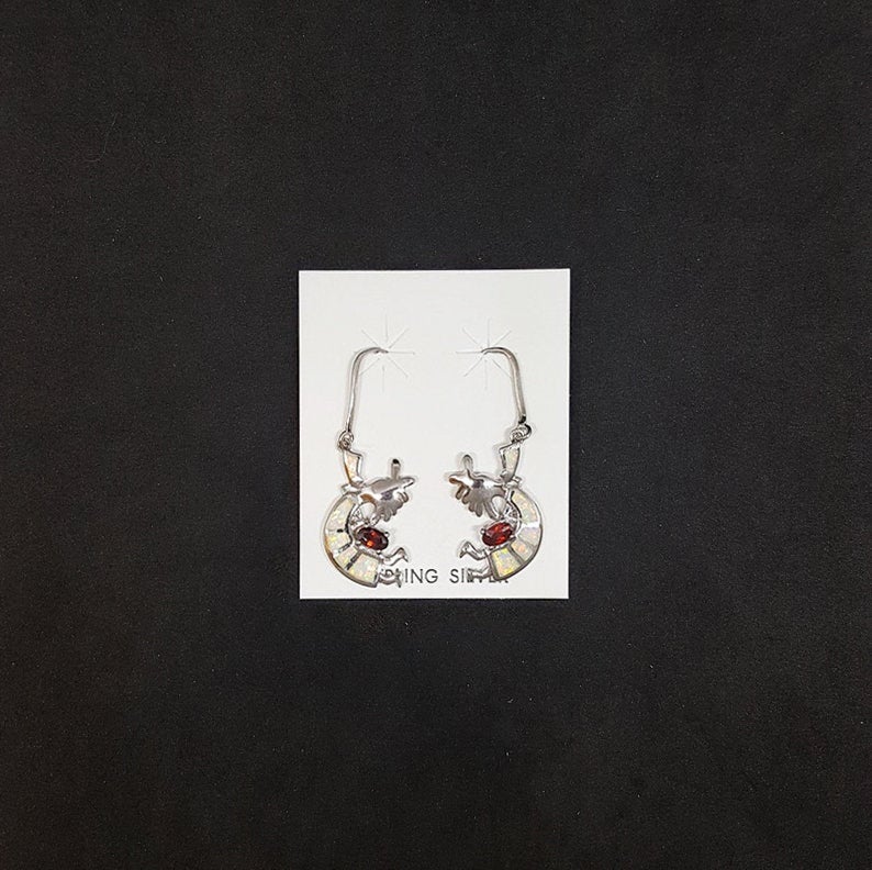 Native Kokopelli White Opal Garnet Sterling silver dangle earrings