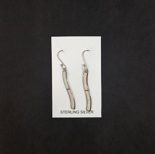 Long thin Wave White Opal Sterling silver dangle earrings