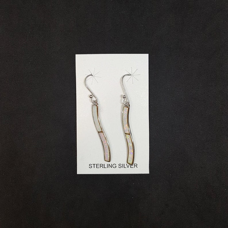 Long thin Wave White Opal Sterling silver dangle earrings