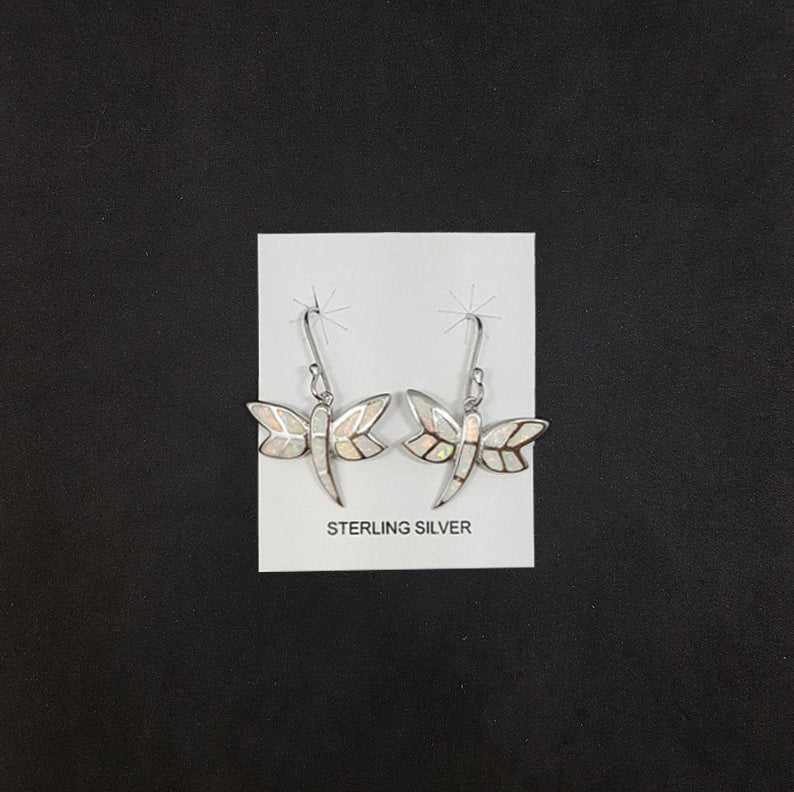 Dragonfly White Opal Sterling silver dangle earrings