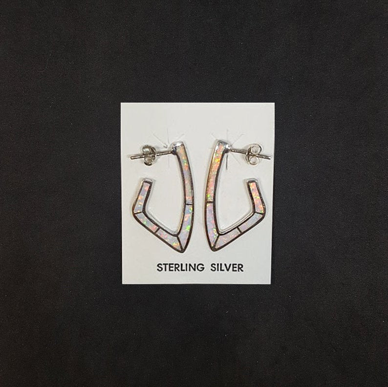 J-shaped Hook White Opal Sterling silver stud earrings