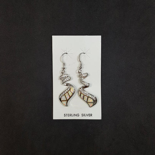 Wavy Spiral White Opal micro CZ Sterling silver dangle earrings