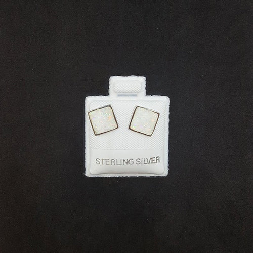 7 mm Square White Fire Opal sterling silver stud earrings