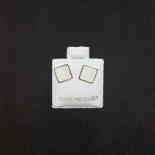 7 mm Square White Fire Opal sterling silver post earrings