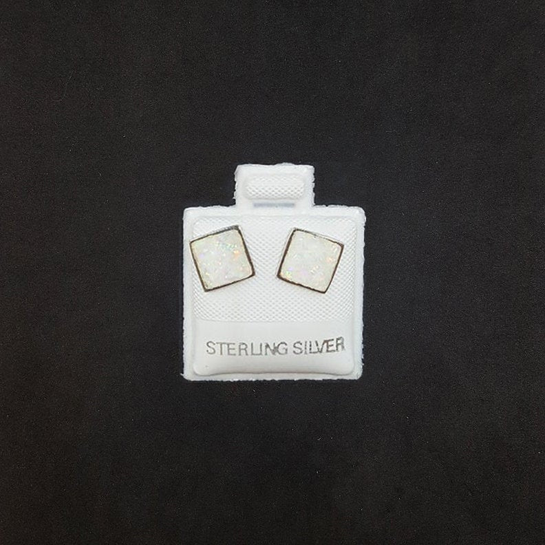 7 mm Square White Fire Opal sterling silver post earrings