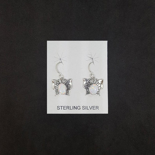 Baby butterfly with designs Oval White Fire Opal sterling silver dangle earrings