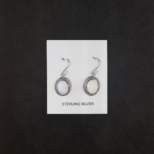 Dot design Oval White Fire Opal sterling silver dangle earrings