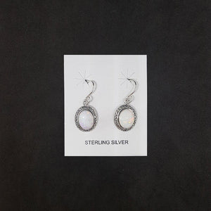 Dot design Oval White Fire Opal sterling silver dangle earrings