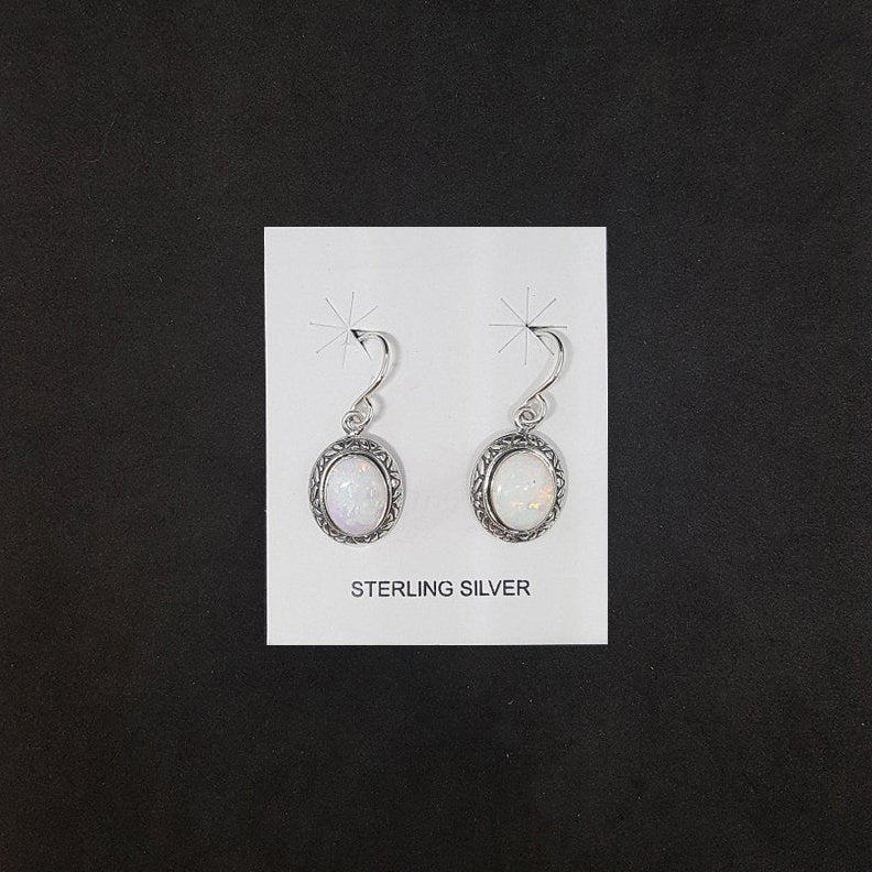 Dot design Oval White Fire Opal sterling silver dangle earrings