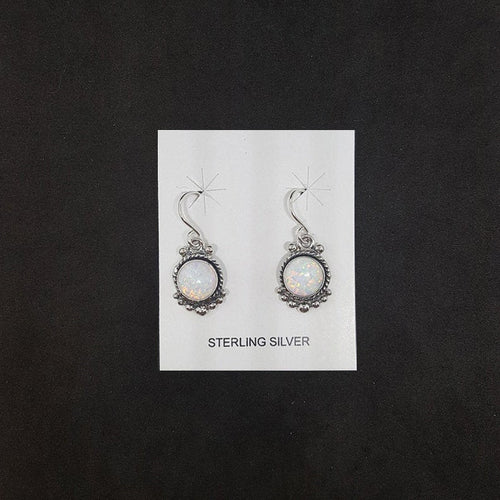 Queen's style 8 mm round White Fire Opal sterling silver dangle earrings