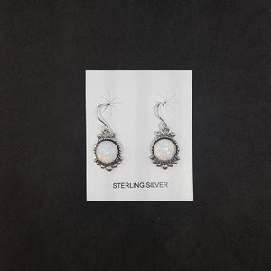 Queen's style 8 mm round White Fire Opal sterling silver dangle earrings