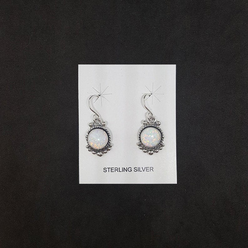 Queen's style 8 mm round White Fire Opal sterling silver dangle earrings