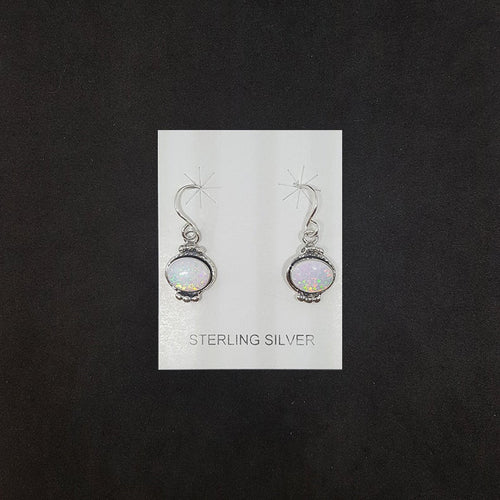 Lantern design Oval White Fire Opal sterling silver dangle earrings