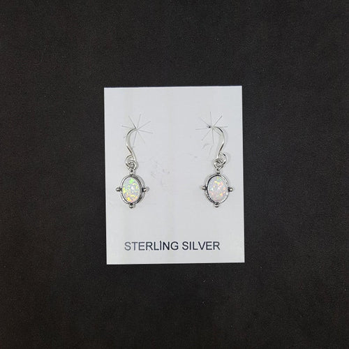 Small Oval White Fire Opal dots on round shape sterling silver dangle earrings