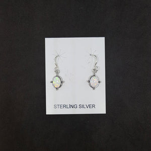 Small Oval White Fire Opal dots on round shape sterling silver dangle earrings