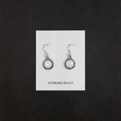 Twisted design 6 mm round White Fire Opal sterling silver dangle earrings