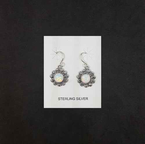 Cluster 6 mm round White Fire Opal sterling silver dangle earrings