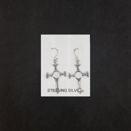 Cross 5 mm round White Fire Opal sterling silver dangle earrings