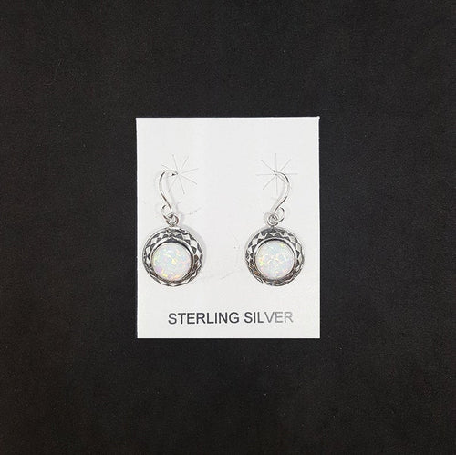 Diamond chain design 8 mm round White Fire Opal sterling silver dangle earrings