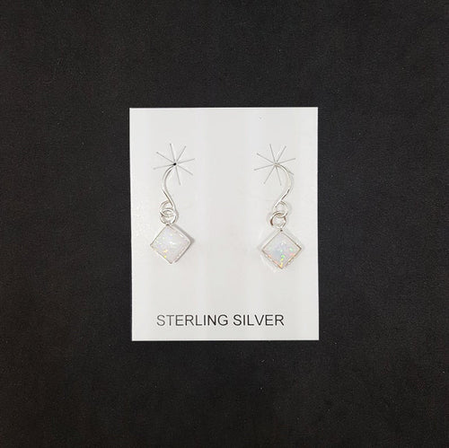 Simple 6 mm White Fire Opal diamond shape sterling silver dangle earrings