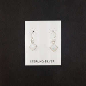 Simple 6 mm White Fire Opal diamond shape sterling silver dangle earrings