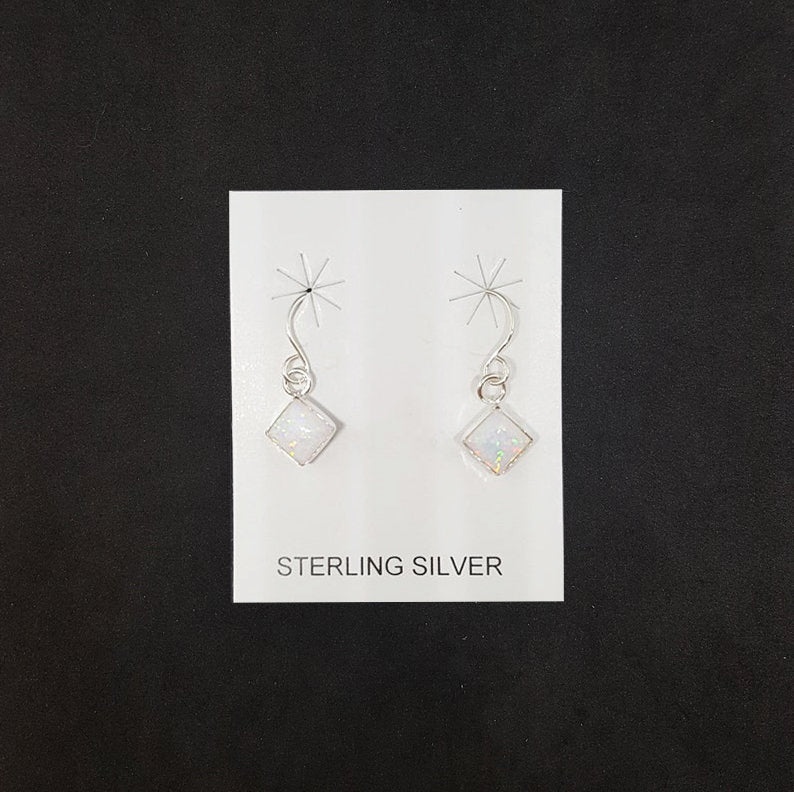 Simple 6 mm White Fire Opal diamond shape sterling silver dangle earrings