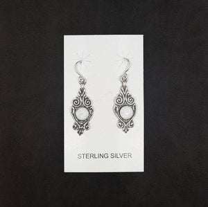 Wavy patterns 6 mm round White Fire Opal sterling silver dangle earrings