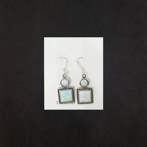 Square with round white fire opal sterling silver dangle earrings