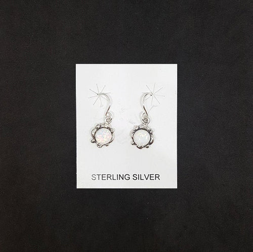 Dots 6 mm Round White Fire Opal flower shape sterling silver dangle earrings
