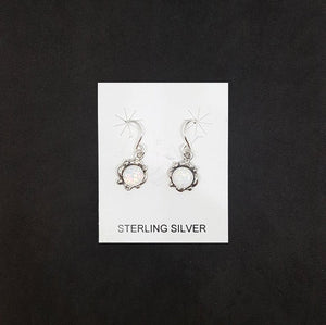Dots 6 mm Round White Fire Opal flower shape sterling silver dangle earrings