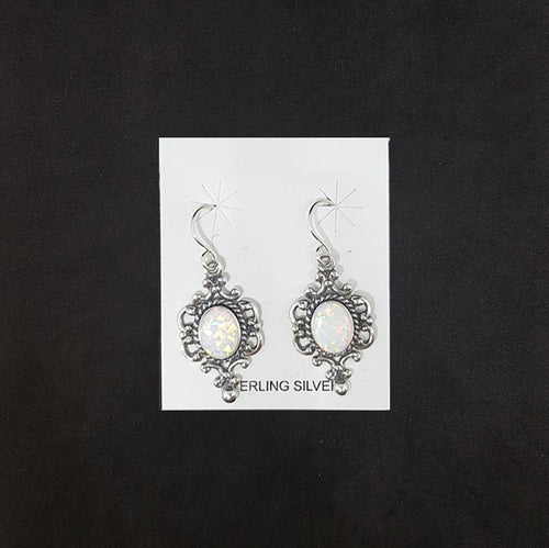 Wavy pattern with dots 10 mm x 8 mm Oval White Fire Opal sterling silver dangle earrings