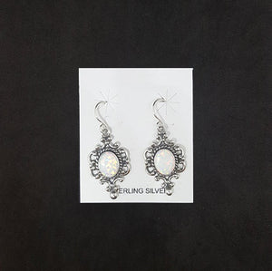 Wavy pattern with dots 10 mm x 8 mm Oval White Fire Opal sterling silver dangle earrings