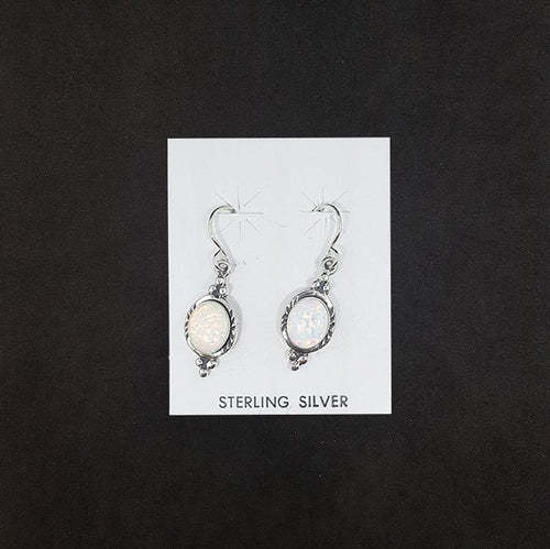 Dots 10 mm x 8 mm Oval White Fire Opal sterling silver dangle earrings