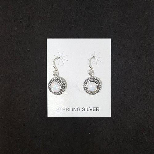 Dots 6 mm Round White Fire Opal  petit point style sterling silver dangle earrings