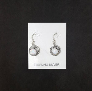 Dots 6 mm Round White Fire Opal  petit point style sterling silver dangle earrings