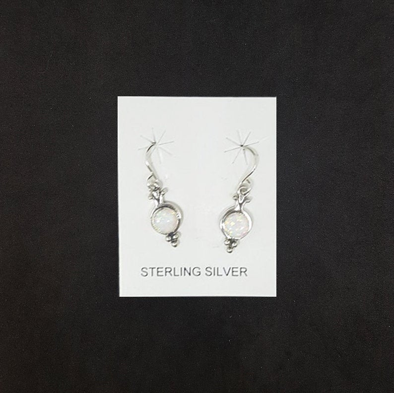 Dots 6 mm Round White Fire Opal sterling silver dangle earrings